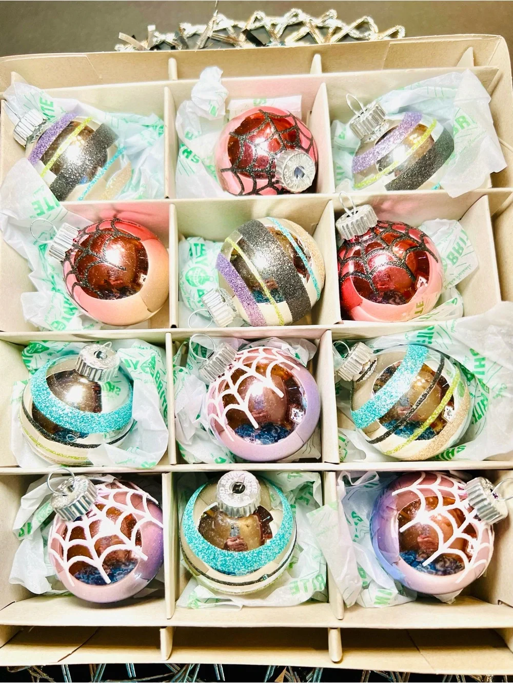 12 Radko Halloween Glass Ball Ornaments Glitter Stripes Pastel Pink Lilac Blue
